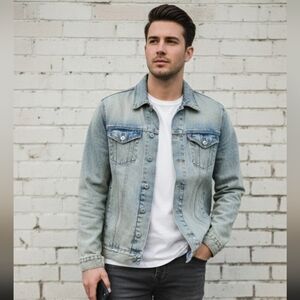 VINTAGE BC ETHIC Denim Jacket, Distressed Acid Wash, Men's Large